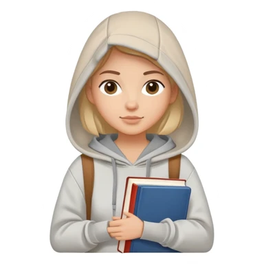 A flat-style illustration of a woman college student with a tote bag over her shoulder and a book in one hand. The student wears a hoodie. Clean cartoon style, white background, iOS emoji aesthetic. sticker