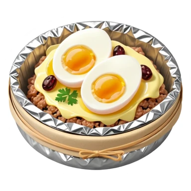 steamed ground pork with raisins, sliced boiled egg, wrapped in foil sticker