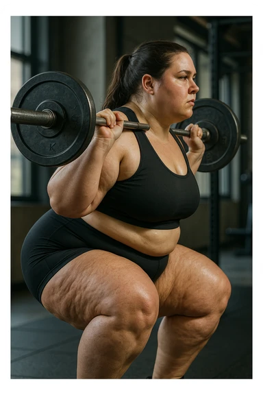 donna grassa con lipedema alle gambe che fa uno squat di profilo con bilanciere, IPERREALISTICA 4K sticker