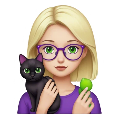 blonde girl wearing purple with green eyes and glasses  holding a black cat  sticker