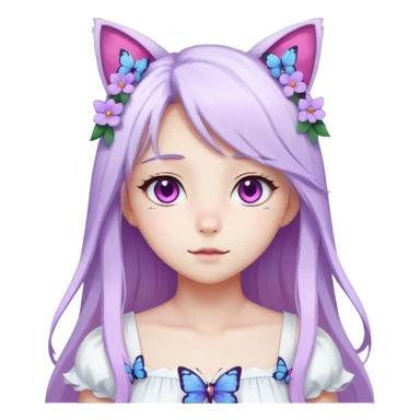 female anime character with pink eyes long white hair periwinkle highlights and cat ears on her head. She is wearing a white dress with purple flowers and butterfly. sticker