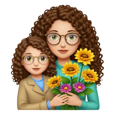 light skinned brunette long curly haired woman with green/hazel eyes framed with fine round gold rimmed glasses holding big bright bunch of flowers with one hand and young kindergarten age daughter's hand (also with long brown curly hair) in other. White background. sticker