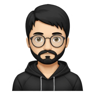 Man, hispanic skin, black hair, black beard, black mustache black eyes black t hoodie, small nose, long emo hair, muscular , round glasses sticker