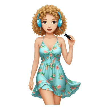 a woman with curly hair, wearing earphones, wearing a sexy beach dress sticker