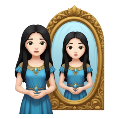 Woman facing ancient mirror, reflection slightly delayed and darker sticker