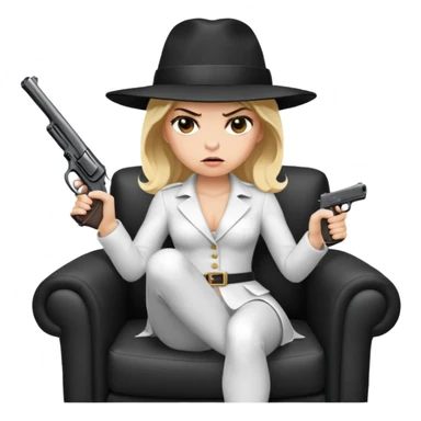 Mafia blondes angry woman in hat , gun ,black armchair , white costume  sticker