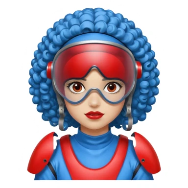 blue curly girl with huge earrings wearing red paintball helmet with eye protection, only face  sticker