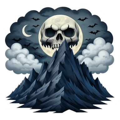 A dark and evil mountain range with a creepy moon and clouds over head. In the style of your bleeding skull art sticker