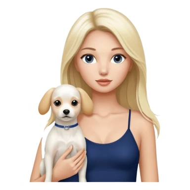 Victoria’s Secret model with long light blonde straight balayage hair, dark blue almond and small eyes, oval face, small lips, skinny long waist, firm legs, White Spaghetti top. In her arm she holds a with a White belgian dog  sticker