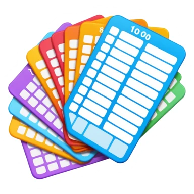 Create blank lottery coupons fanned out, clean and colorful, with different header colors and simple grid sections. No numbers, no text sticker