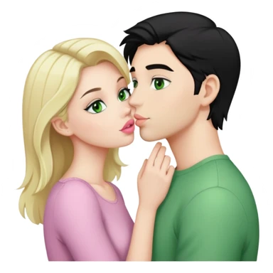 A blonde girl with fair skin and green eyes and light pink lips a guy with black hair and fair skin and green eyes are kissing sticker