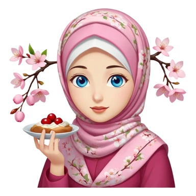 Turkish beautiful finish Konya girl blue eyes with cherry blossom floral hijab islamic dress and she’s savouring delicious food face sticker