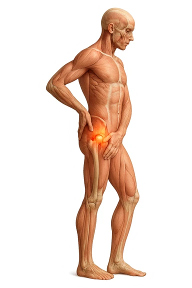 CORPO UMANO ANATOMICO DI PROFILO A FIGURA INTERA REALISTICO CHE SI TOCCA L'ANCA INFIAMMATA, DOLORE ALL'ANCA, IPERREALISTICO 4K sticker