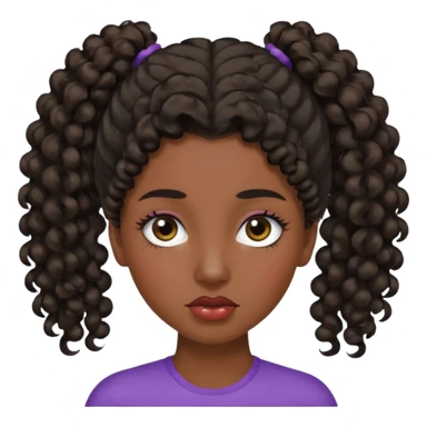 emoji sucking its lips in with one eyebrow up and the other one down dark skin and curly hair in one ponytail with eyelashes up to her hair sticker