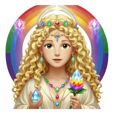 a being made of light pleidian nordic long faces and curly huge thick blond hair but beautiful features of light wearing jewels and a rainbow halo like a saint arount her a robe on made of light and gem  transparent belly dancer and who is lanky holding a bouquet of crystal flowers on rainbow fire sticker
