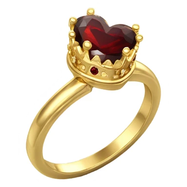 Gold crown shaped engagement ring with heart shaped garnet stone in center front facing sticker