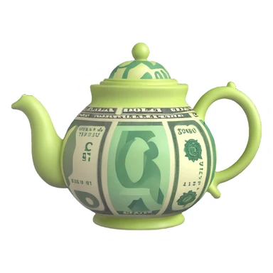 a teapot with dollar bills as decoration, whimsical style sticker