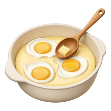 A carton of eggs, butter and a cream ceramic baking bowl with a wooden spoon in it sticker