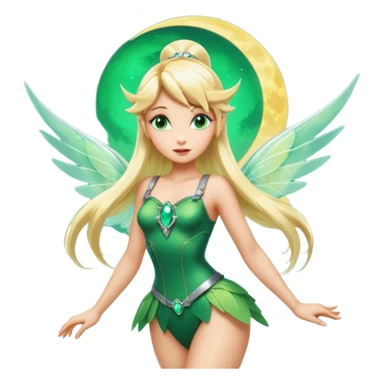 Isolated, 3D rendering, Tinkerbell with futuristic cyberpunk style and colors, ultra detailed wings, flying above the fluffy clouds near the moon, blonde long shiny hair,  emerald jewel green eyes, overall design to have bright, vivid colors, full body view. Not holding anything in hands  sticker