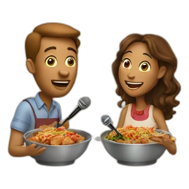 Two people singing into mics while eating a Cajun dinner sticker