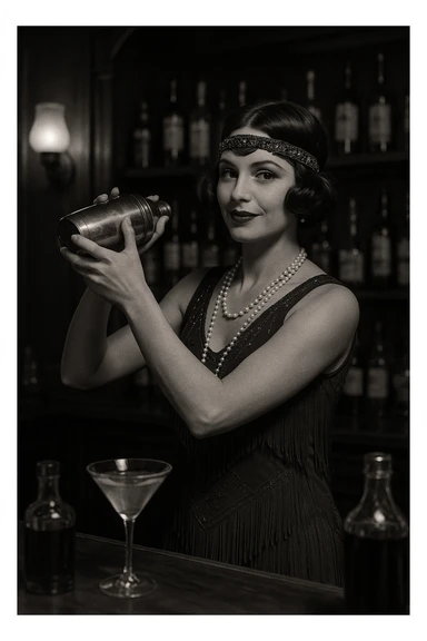 A speakeasy bartender, flapper-style, shaking a martini, prohibition era style. sticker