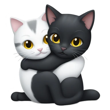 A black cat and a gray-white kitten hug sticker