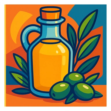 cartoon style olive oil bottle with olives and leaves, vibrant colors sticker