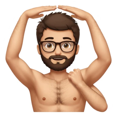 iOS emoji-style cartoon, light stubble, glasses, wide eyes, neutral skin tone, shirtless , very hairy chest , one arm up very hairy armpit. Lots of body hair  sticker