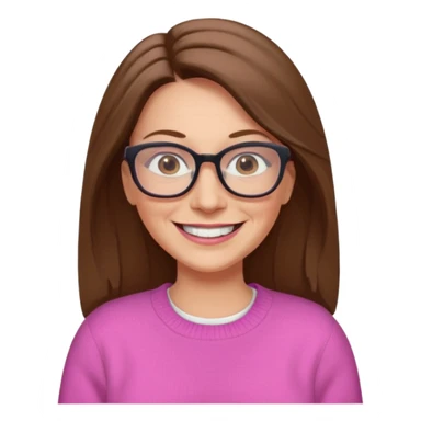 50 yr Caucasian woman, long brown hair parted on side, brown eyes, glasses,big smile, white teeth, pink sweater sticker