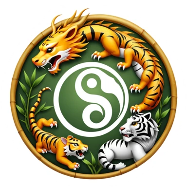 An icon symbolizing Eastern martial arts in the style of an emblem, featuring a black-and-white Yin-Yang symbol, a dragon, and a tiger. The dragon and tiger represent strength and agility, surrounding the symbol. Traditional elements like bamboo add to the design. Transparent background. sticker