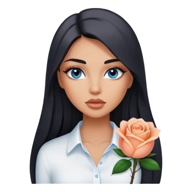 Glamours, tanned, very beautiful girl, with big pump peach-beige-rose lips, long long lashes, black straight smooth silky long hair, straight parting hair, blue-grey eyes, in white shirt sticker