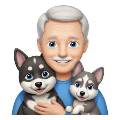A 60 year old man with blue eyes and short light gray hair and slightly big ears, holding a black and white husky dog with floppy ears and white tuft eyebrows, both smiling sticker