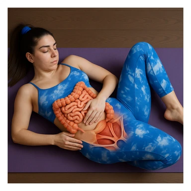 A slender woman in 4K lying on a yoga mat, knees bent towards the chest, one hand on the abdomen, with an anatomical overlay highlighting the intestine and pelvic muscles, inspired by the reference photo. sticker