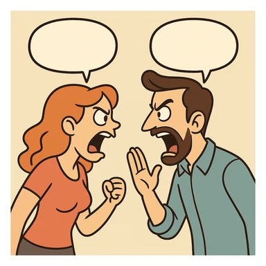 man and woman shouting with speech bubbles, bold colors, flat-toon style sticker