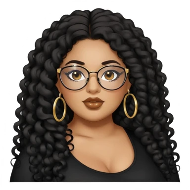 big plus size, latina, darker tan skin, gold hoops, long black curly hair, baddie,pretty, makeup, lipgloss, black eyeliner, long hair, black top, black glasses sticker