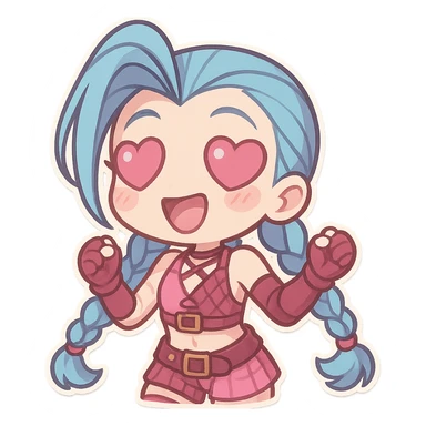 Jinx from League of Legends with heart-shaped eyes, chibi style, wearing a pink outfit sticker