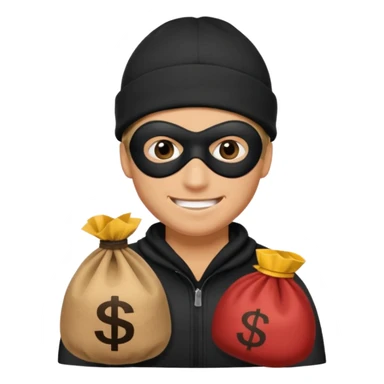 smiley robber wears black eye mask and black beanies with money bag beside him sticker