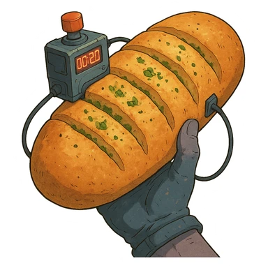 a thermonuclear hand held grenade IED, futuristic cyberpunk. The primed exlosive is garlic bread. small detonator attached to large loaf sticker