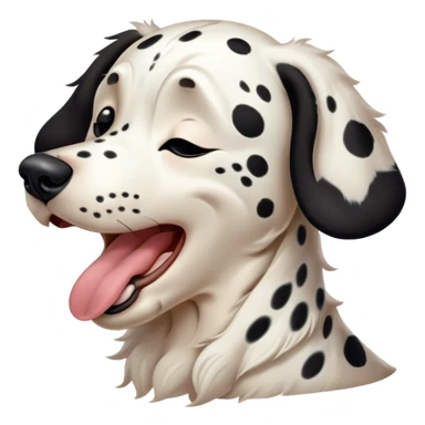 Cinematic Cute Yawning Spotted Dalmatian Portrait Emoji, Head tilted slightly with a dramatic, wide-open yawn, showcasing a smooth Fur of predominantly white with bold black patches, floppy ears slightly drooping, round eyes barely open in drowsy contentment, Simplified yet irresistibly adorable features, highly detailed, glowing with a soft, cozy glow, high shine, relaxed yet expressive, stylized with a touch of whimsy, bright and endearing, soft glowing outline, capturing the essence of a sleepy yet affectionate guardian, so drowsy it feels like it could stretch out of the screen and curl up for a nap! sticker