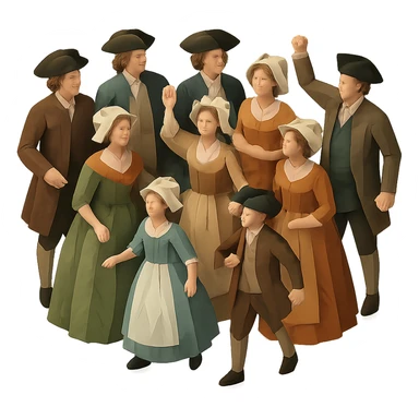 isometric illustration of a full body 18th century crowd, period-appropriate clothing and hats, men, women, and children, dynamic poses, standing together, no background sticker