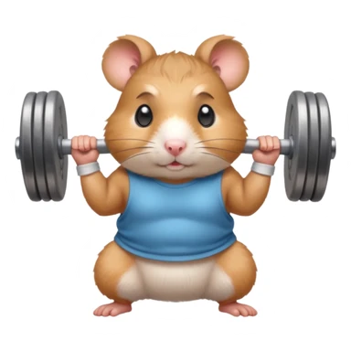 Cute cartoon-style hamster standing upright, wearing a tiny sweatband, lifting oversized dumbbells with determined expression. Soft painterly shading, expressive eyes, white background, sticker-style illustration sticker