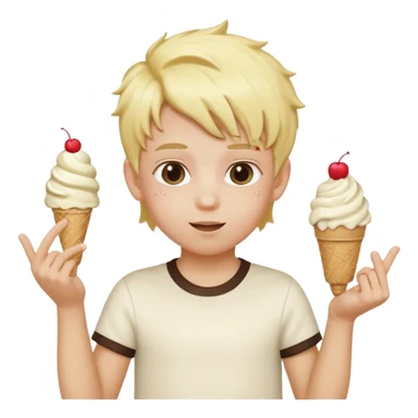 A kid with blonde icecream hair with two hands that are doing this 🫴 and flipped on the other side then have this emoji on the left hand 6️⃣ and this emoji in the other hand7️⃣ sticker