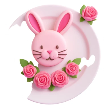 A cute bunny-shaped macaron dessert with pink frosting and a pink flower on its head, depicted in a 3D iOS style. The macaron should have a soft, rounded appearance with a slight shine, and be placed on a simple, elegant plate with pink roses around it. sticker