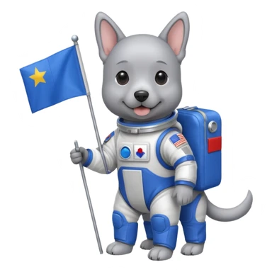 a gray dog in space suit, holding blue rectangle flag, full body, front view sticker