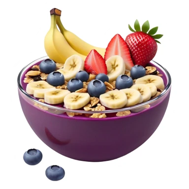A delicious açaí bowl with a smooth, deep purple base, topped with neatly arranged banana slices, fresh strawberries, blueberries, and granola. The bowl is simple and modern, with a clean, flat illustration style. No shadows or gradients, perfect for a minimal and modern aesthetic. sticker
