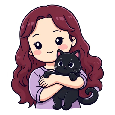 Girl with long wavy burgundy hair is Sad with tears, as shes holding one fat cat, black cat with all white paws and white belly sticker