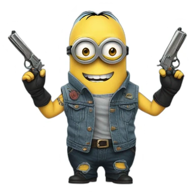 minion in a sleeveless denim jacket with tattoos on hands and in black gloves with pistols sticker
