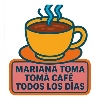 Make the coffee cup much larger while keeping the phrase 'mariana toma café todos los días' in vibrant sticker style with transparent background. sticker