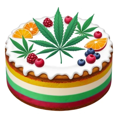 colorful frosted fruit cake with cannabis leaf sticker