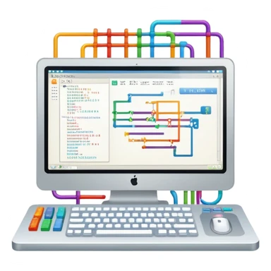 An icon featuring a colorful lines of code, brackets, and a blinking cursor, symbolizing programming. The design includes flowcharts, gear icons, and binary code, representing software development and logical problem-solving. Transparent background highlights the world of coding. sticker